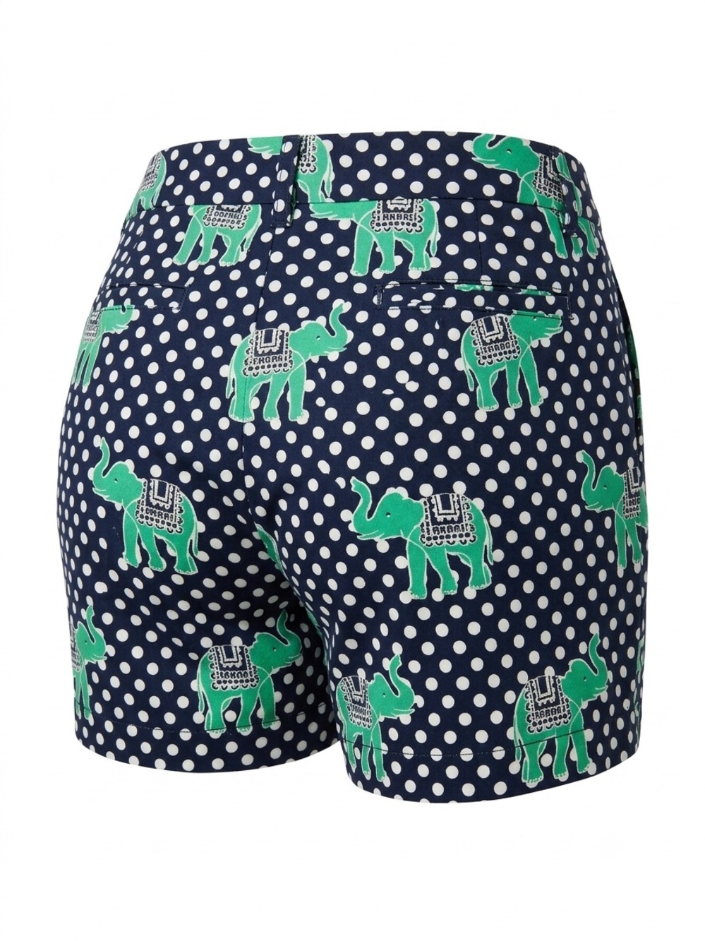 Crown & Ivy Navy Polka Dot Shorts with Green Elephant Print - Picture 3 of 5